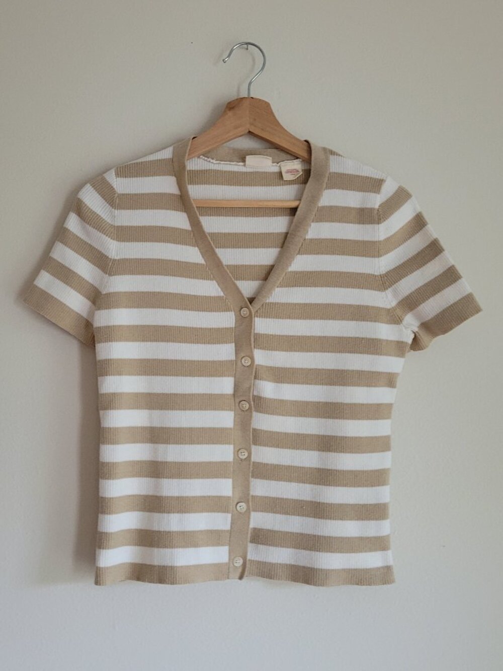 Levi's V Neck Beige/Brown White Stripes Shell Sweater Size L Button Up
